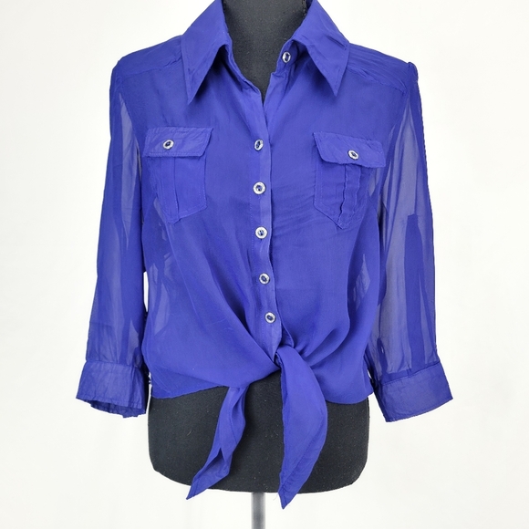 Poetry Sheer Blue Button-Up Blouse Tie Front Size Large - Picture 1 of 8